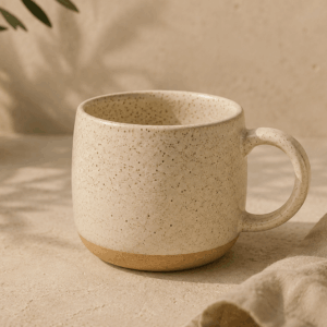 Mug Dune Terres Claires en céramique écru mouchetée de 30 cl sur une surface beige minérale.
