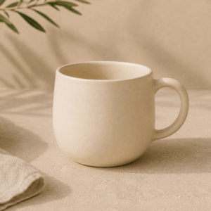 Petit Mug Zénith en céramique crème chaude de 25 cl sur un fond beige minéral.