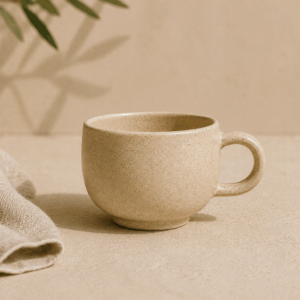 Tasse Sillage de 18 cl en céramique sable clair photographiée sur une surface naturelle.