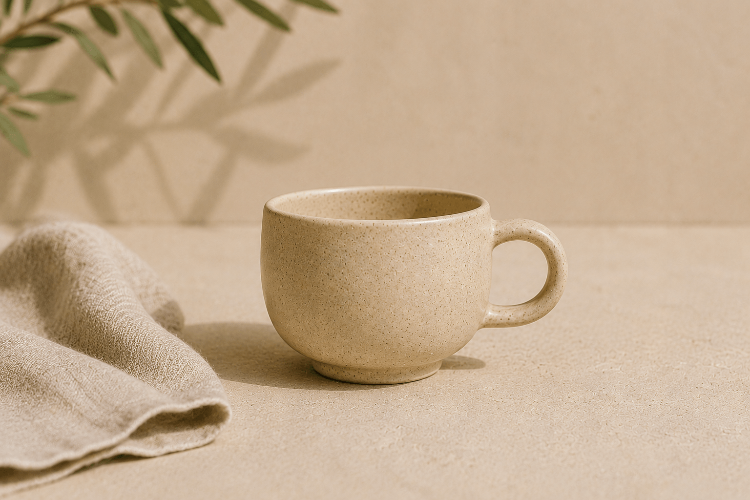 04 — tasse sillage Tasse Sillage de 18 cl en céramique sable clair photographiée sur une surface naturelle.