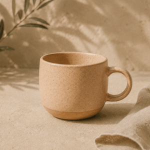 Tasse Oasis en céramique beige rosé de 22 cl avec une finition douce et naturelle.