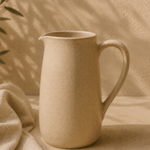 Pichet Source de 1 litre en céramique beige minéral sur une surface naturelle claire.