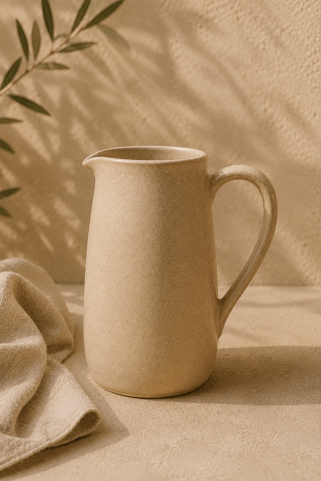 09 — pichet source Pichet Source de 1 litre en céramique beige minéral sur une surface naturelle claire.