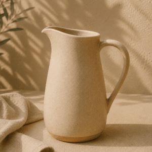 Grand Pichet Dune en céramique écru sable de 1,2 litre dans une composition minimaliste.