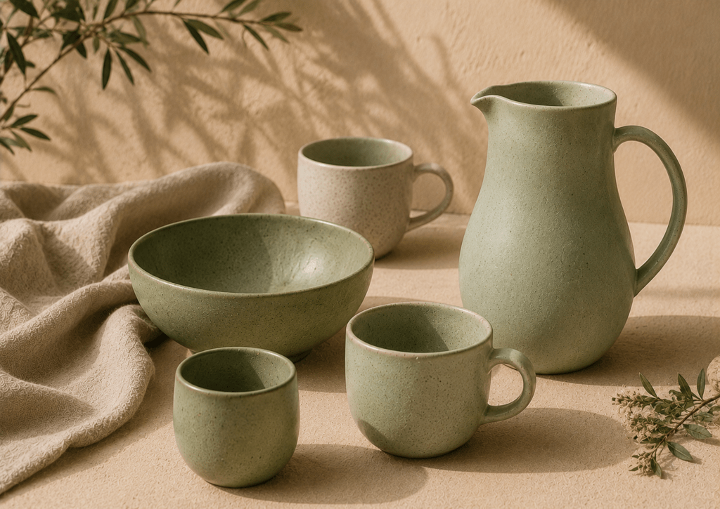 Composition éditoriale de vaisselle artisanale dans des nuances de vert sauge, céladon et écru, comprenant mugs, assiettes, plats et pichet, disposés sur une surface minérale beige avec du linge en lin naturel et une lumière douce inspirée de l'univers méditerranéen.