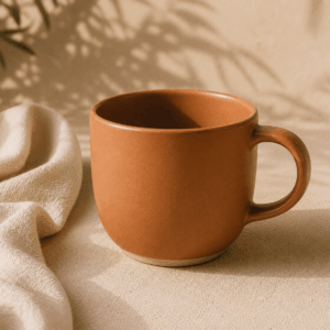 Mug Terre en céramique terracotta mate de 30 cl sur une surface beige naturelle.