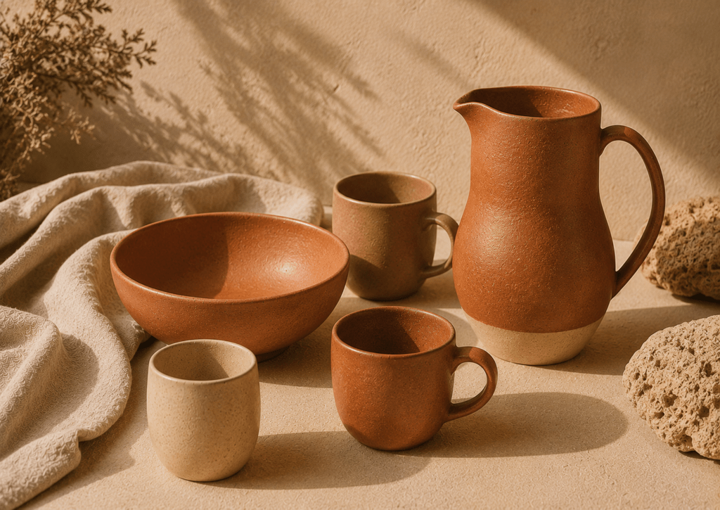 Composition éditoriale de vaisselle artisanale en céramique terracotta, ocre et brun argile, comprenant mugs, et pichet, disposés sur une surface minérale beige avec du linge en lin et baignés d'une lumière naturelle chaude.