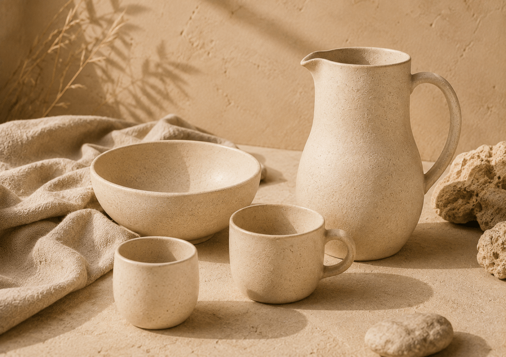 Composition éditoriale de vaisselle artisanale en céramique écru, beige et sable, comprenant mugs, assiettes, plats et pichet, disposés sur une surface minérale claire avec du linge en lin naturel et une lumière douce et chaleureuse.