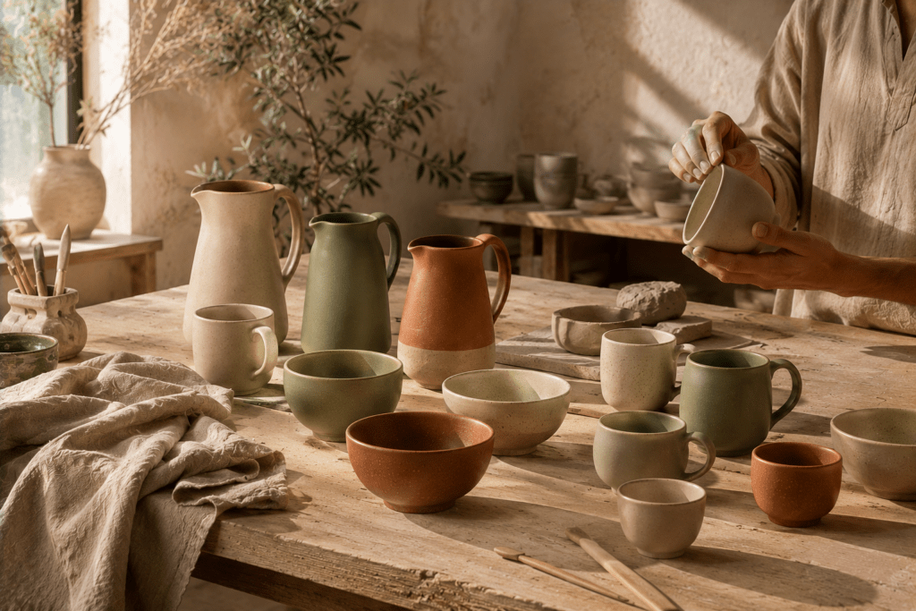 Au premier plan, montre une table de travail en bois naturel ou en matière minérale, recouverte de plusieurs pièces de vaisselle Terres Claires